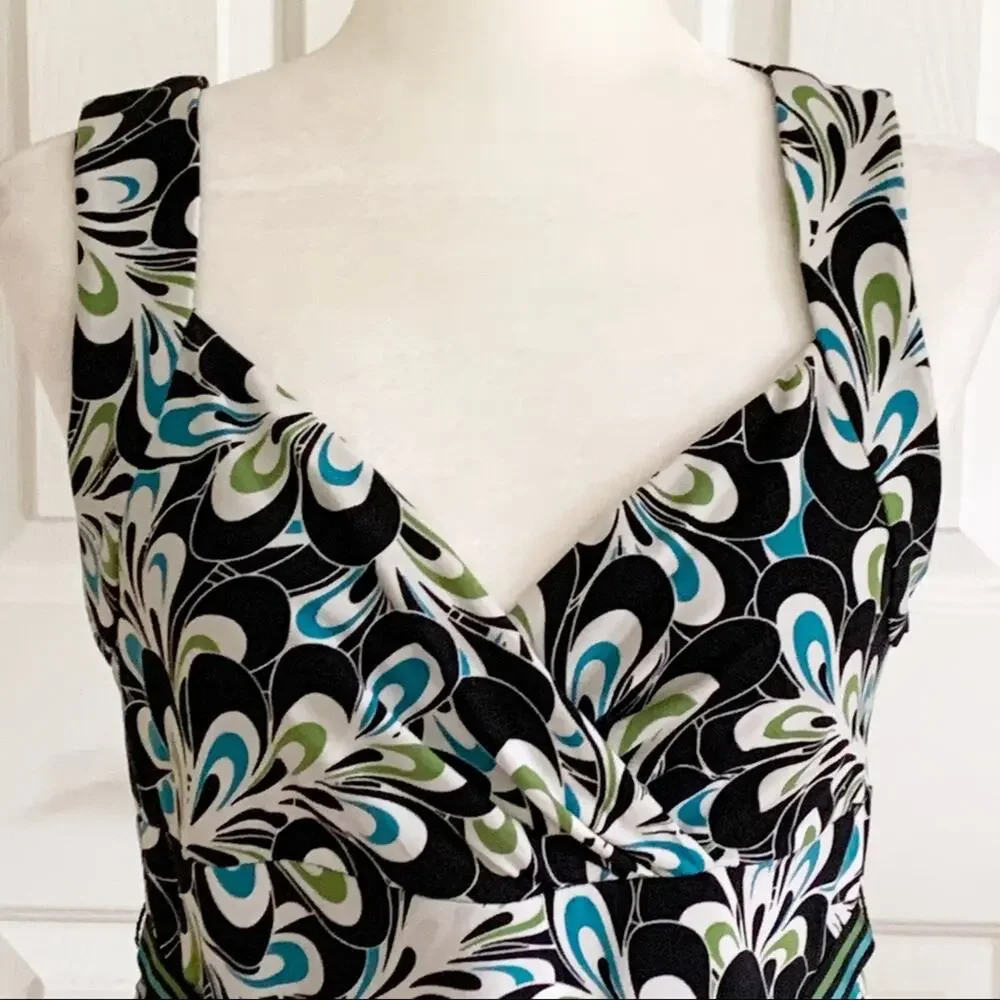 LOFT Dress Brown Blue Green Floral Sleeveless Ribbon Belted Dress Size 6